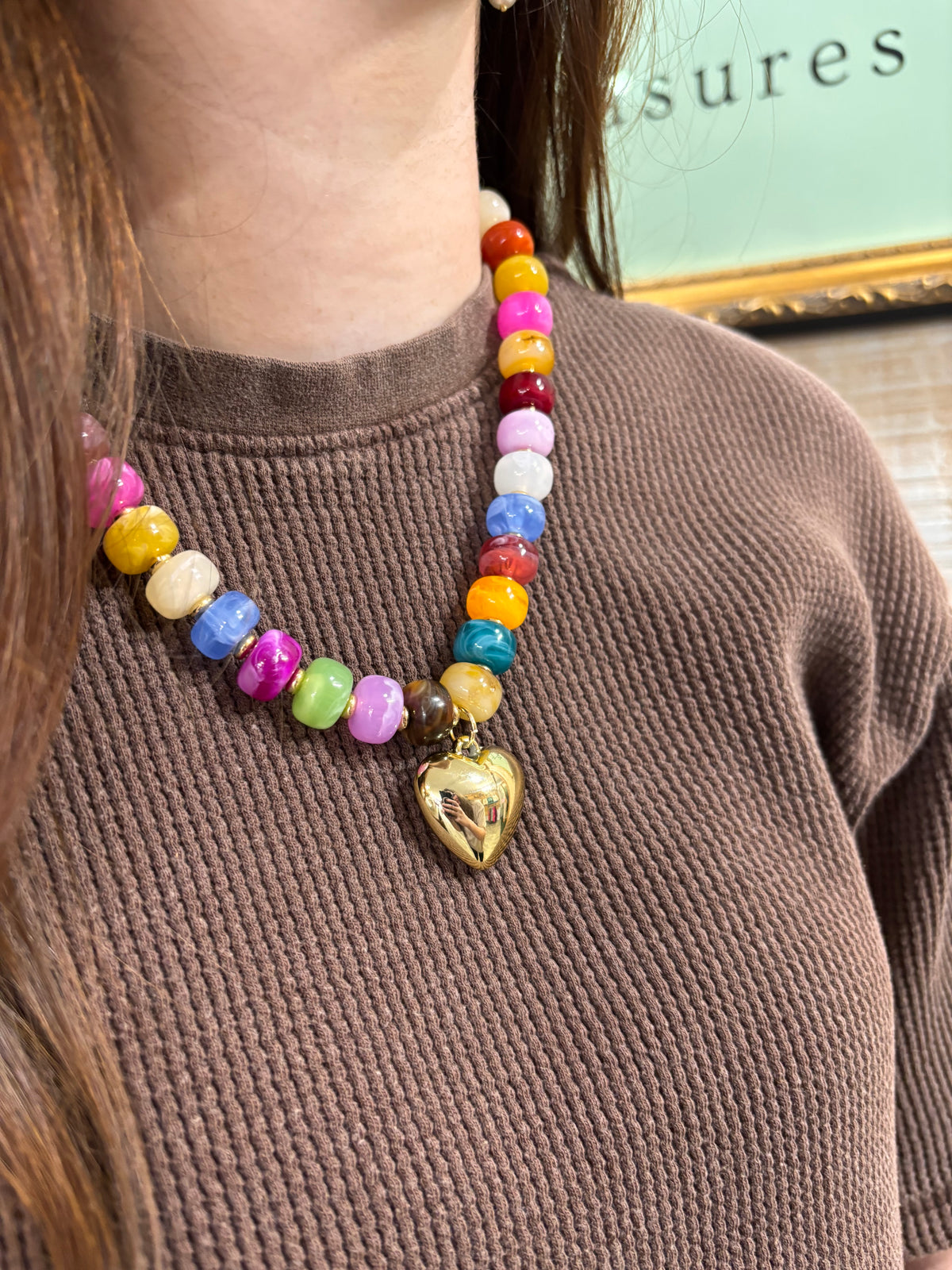 Colorful Beaded Gold Heart Necklace