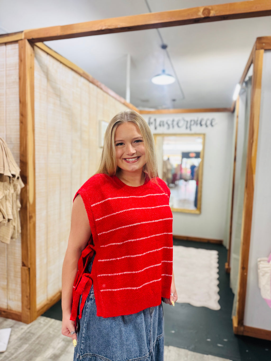 Red & White Stripe Side-Tie Sweater Vest