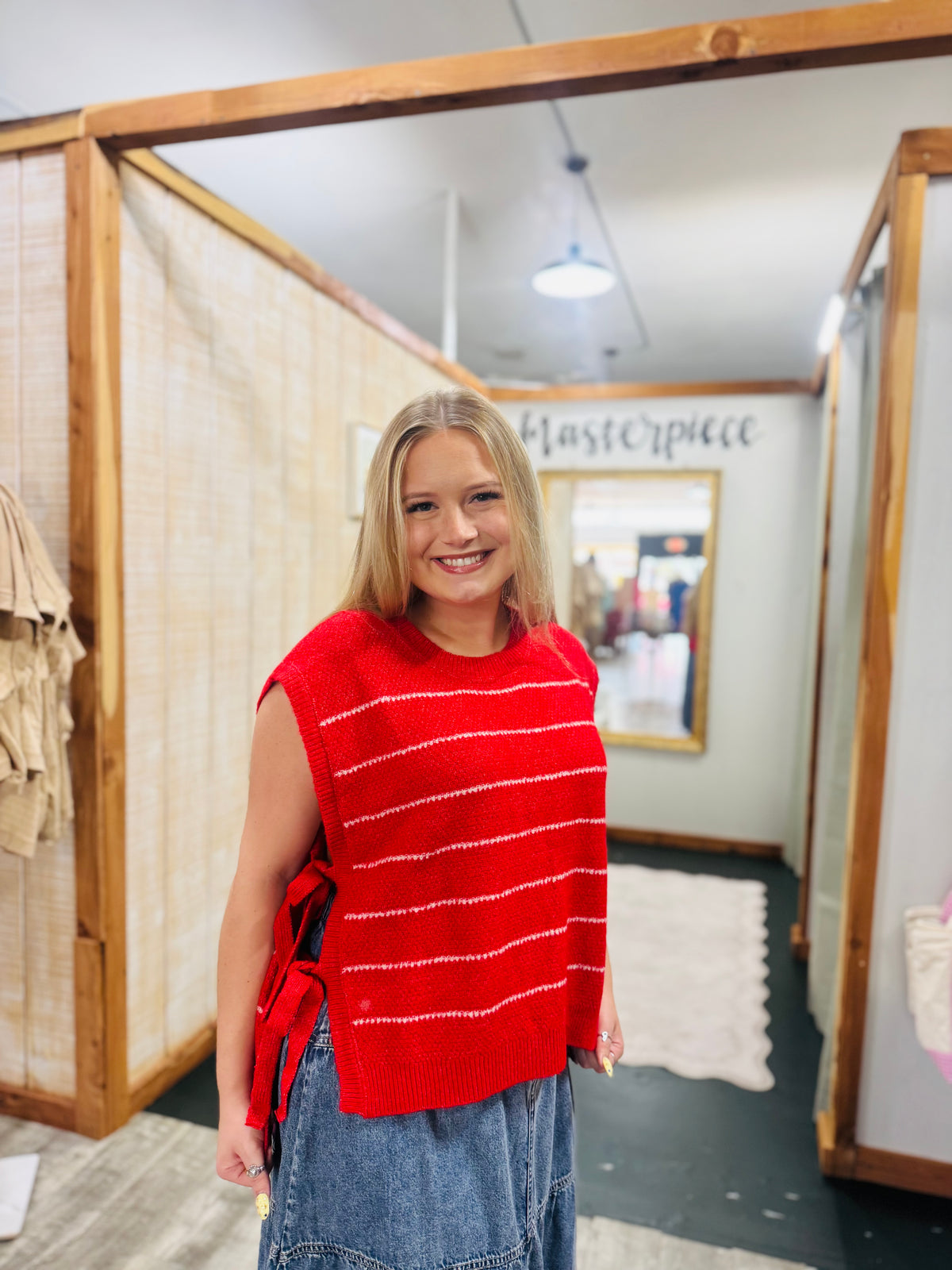 Red & White Stripe Side-Tie Sweater Vest