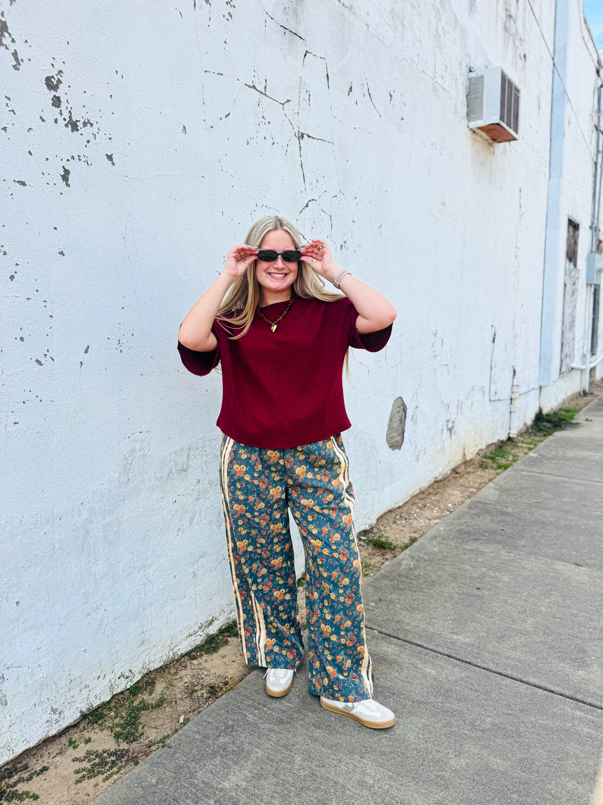 Washed Floral Denim Side Lace Elastic Pants