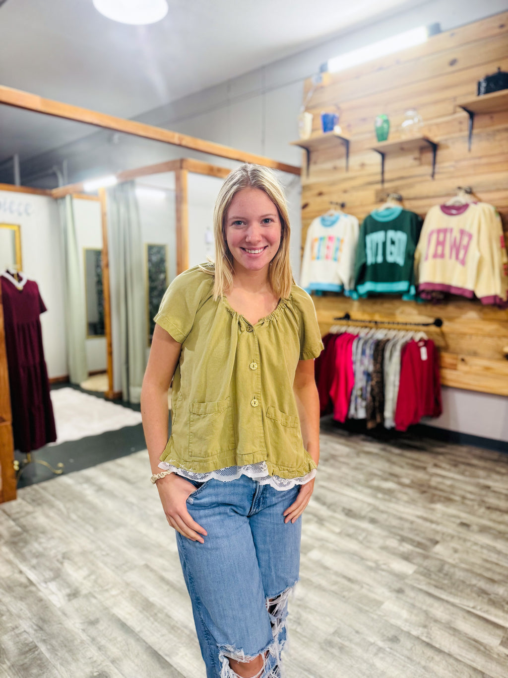 Green Lace Detail Button Top
