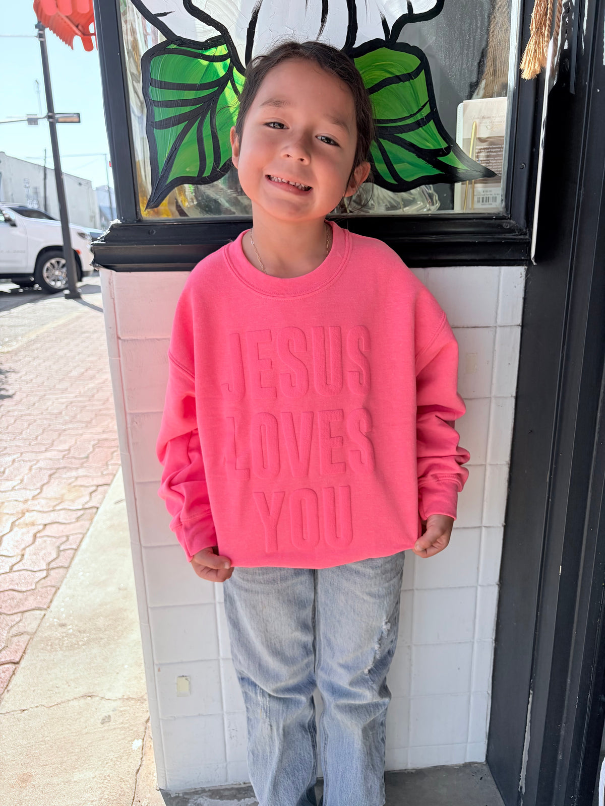 Hot Pink Jesus Loves You Sweatshirt