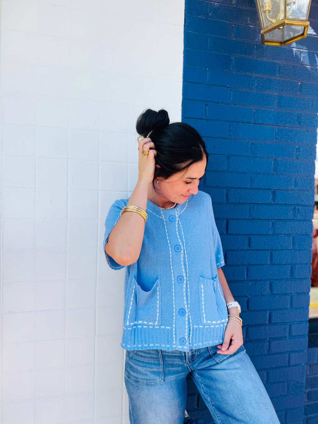 Stitch Detail Blue Cardigan