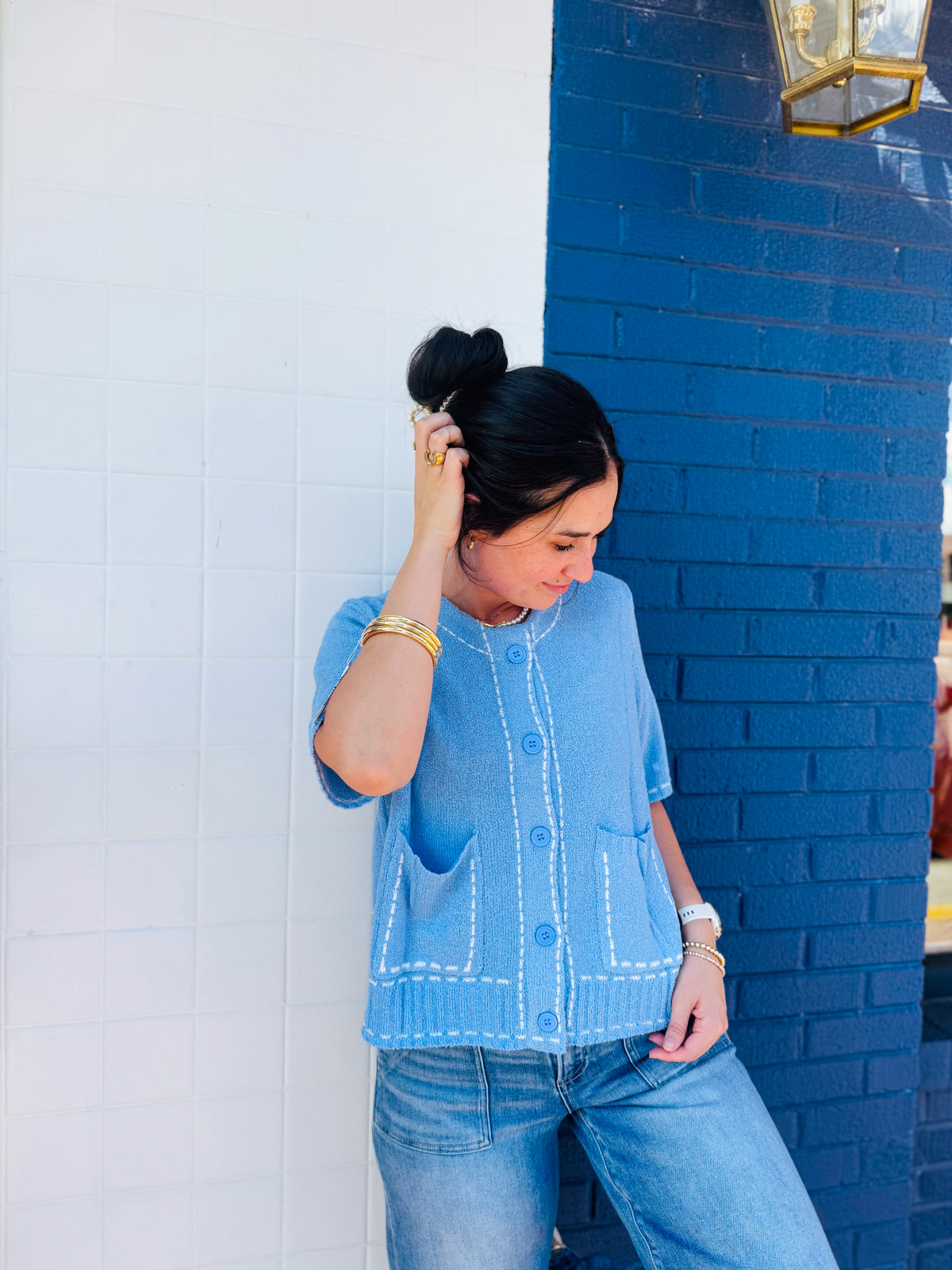 Stitch Detail Blue Cardigan