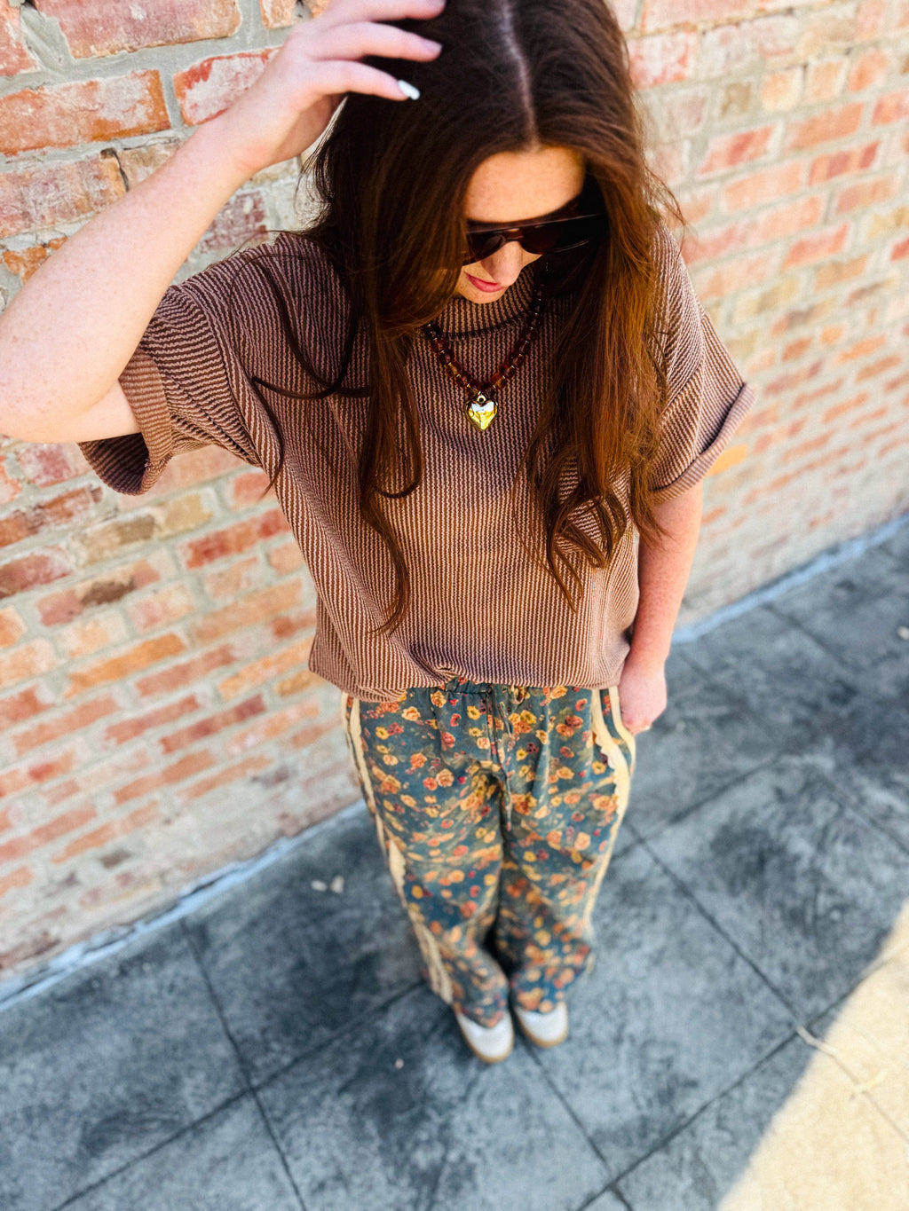 Brown Ribbed Pocket Top