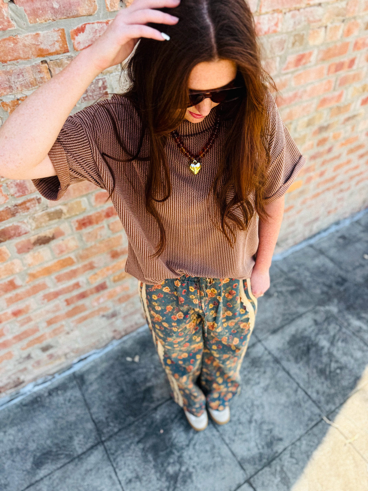 Brown Ribbed Pocket Top