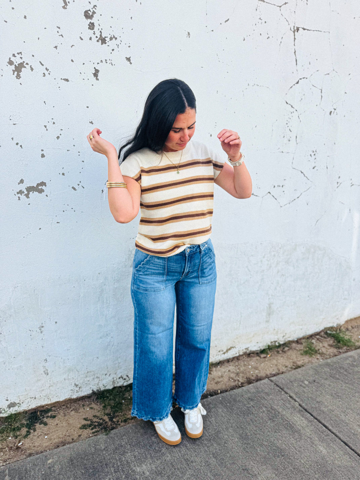 White & Brown Short Sleeve Sweater Top