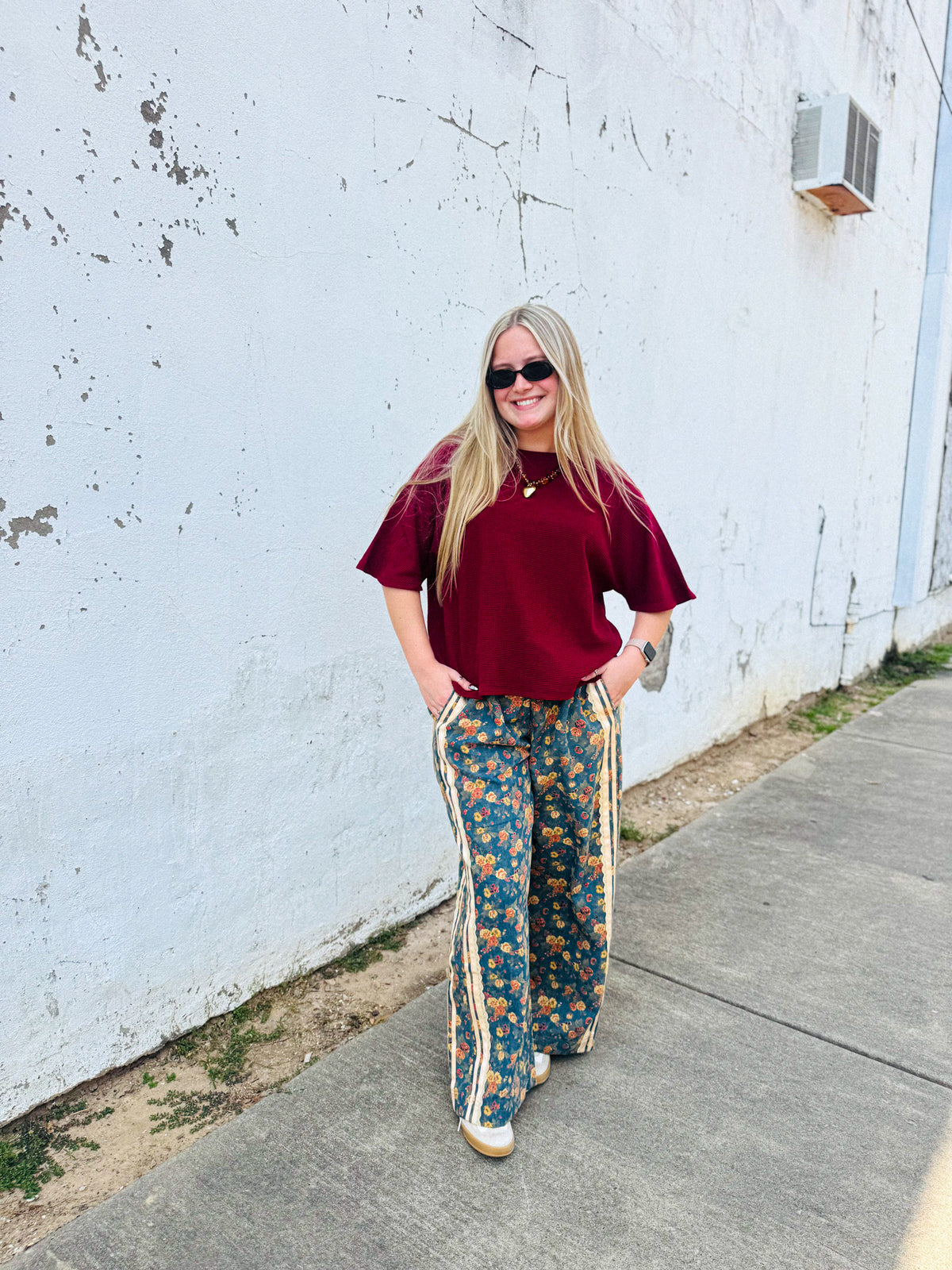 Washed Floral Denim Side Lace Elastic Pants