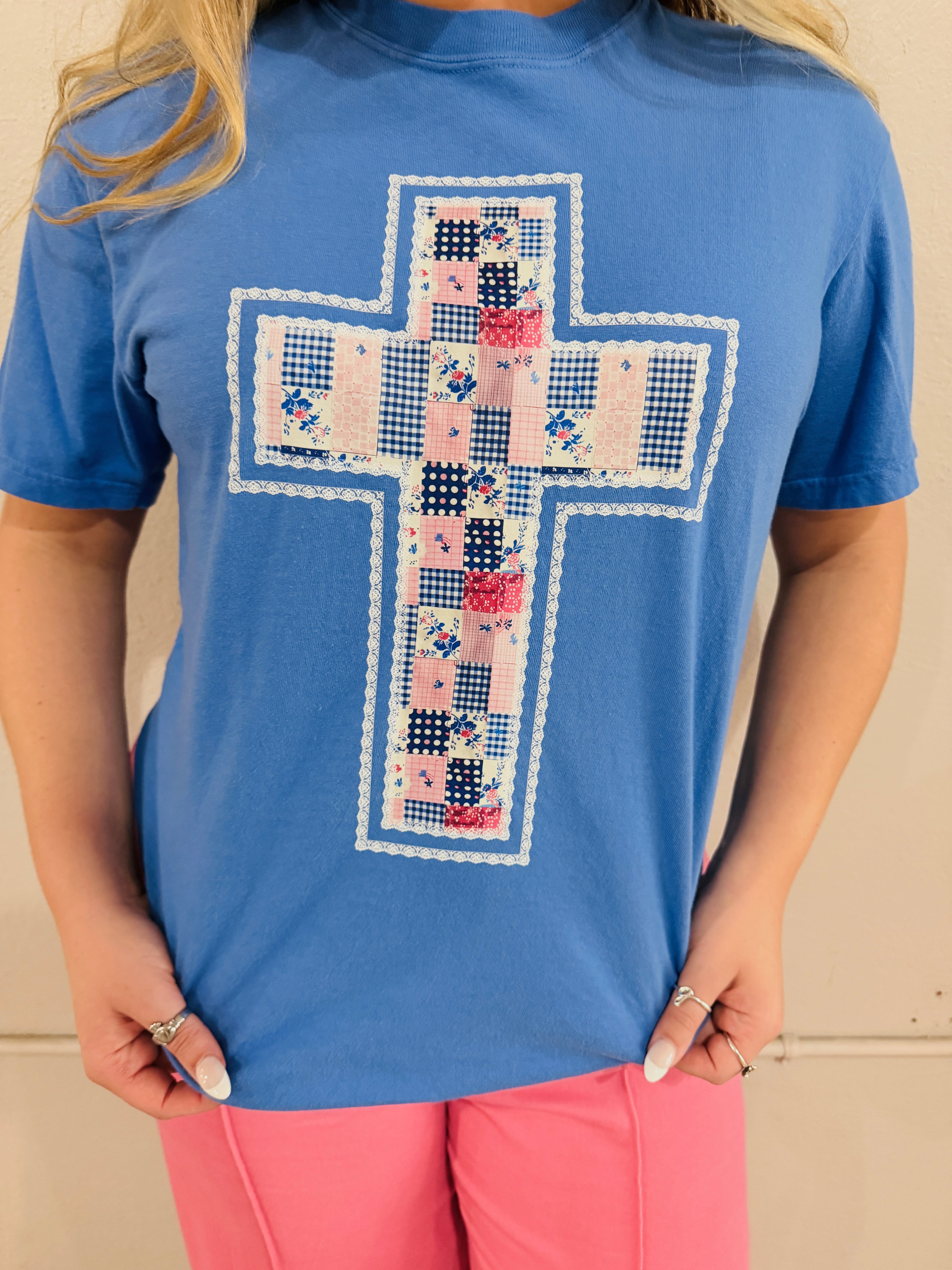 Floral cross blue tee