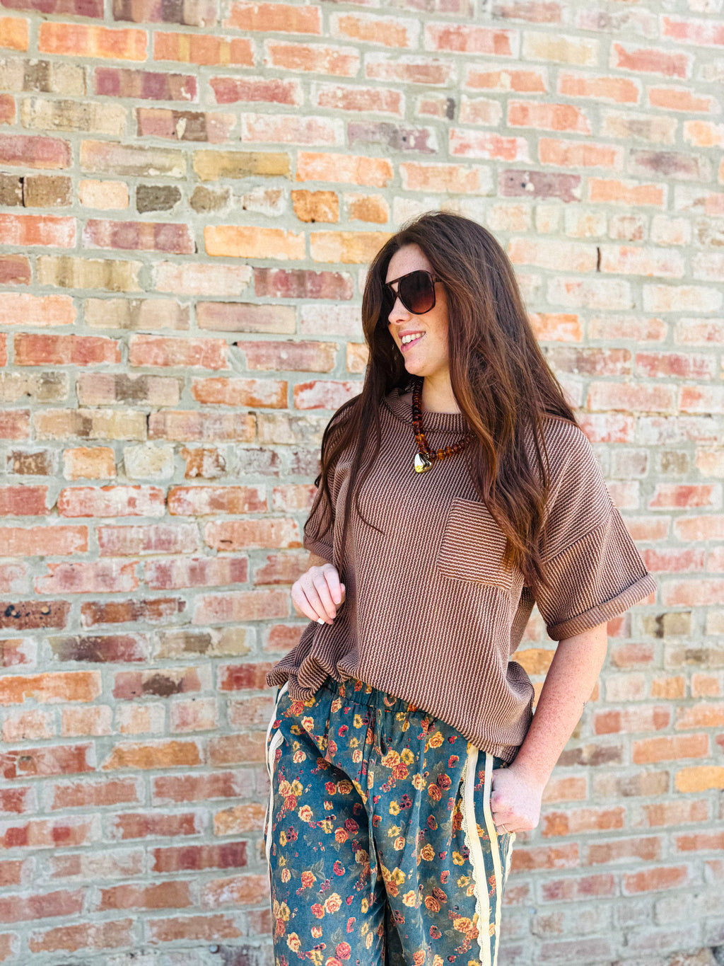 Brown Ribbed Pocket Top