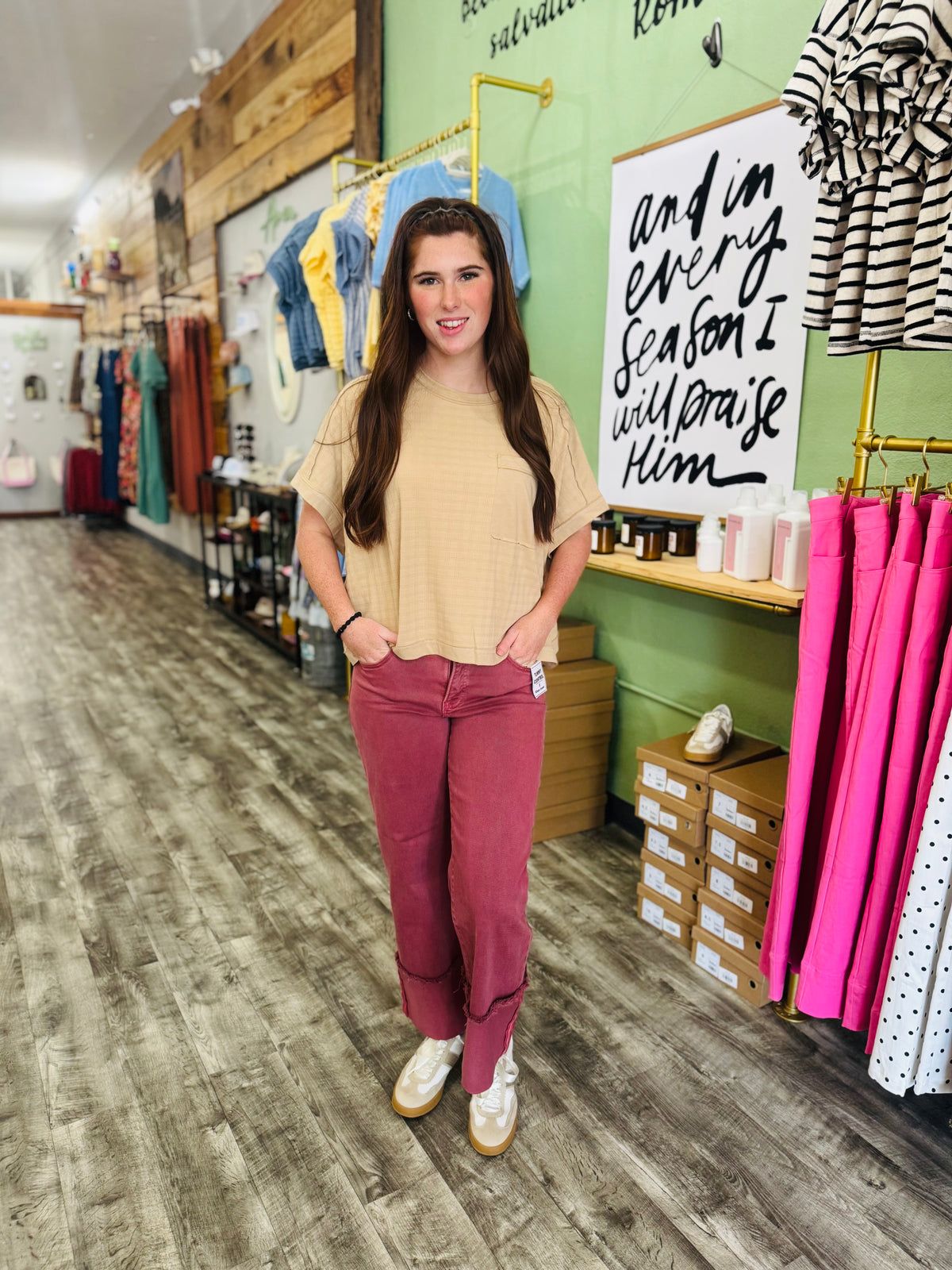 Rust Cropped Wide Leg Cuffed Pants