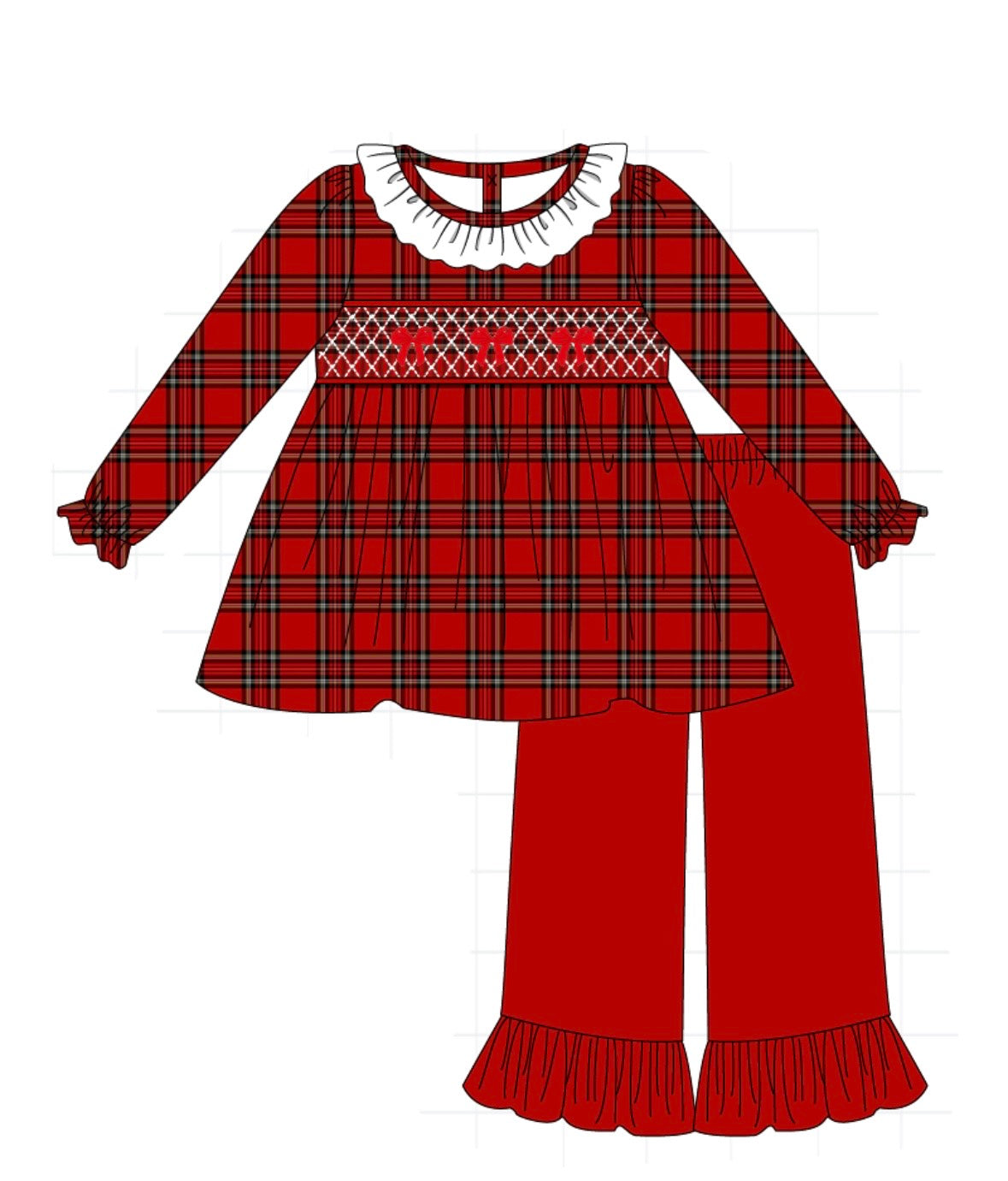 Red Plaid Bow Smocked Ruffle Pant Set